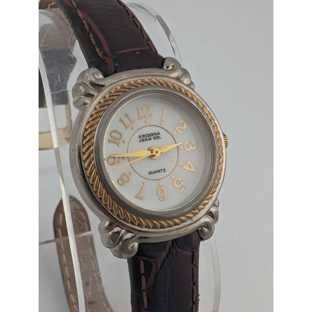 Vintage Arizona Jean Co Watch Women 26mm Case MOP Brown Leather Band New Battery